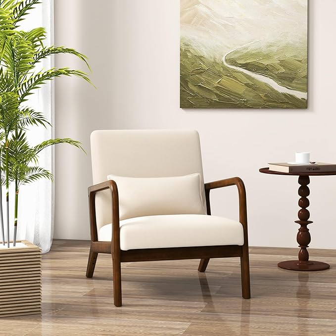 KOMFOTT Mid-Century Modern Accent Chair Indoor Living Room Leisure Chair with Cushioned Seat &amp Back Upholstered Armchair with Rubber Wood Frame &amp Lumbar Pillow Lounge Chair for Bedroom Bei