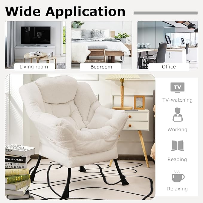 Giantex Set of 2 Lazy Chairs Modern Sherpa Accent Chair w/Upholstered Single Sofa Chair w/Armrests &amp Side Pocket Leisure Reading Lounge Chair for Living Room Bedroom Office Dorm (White)