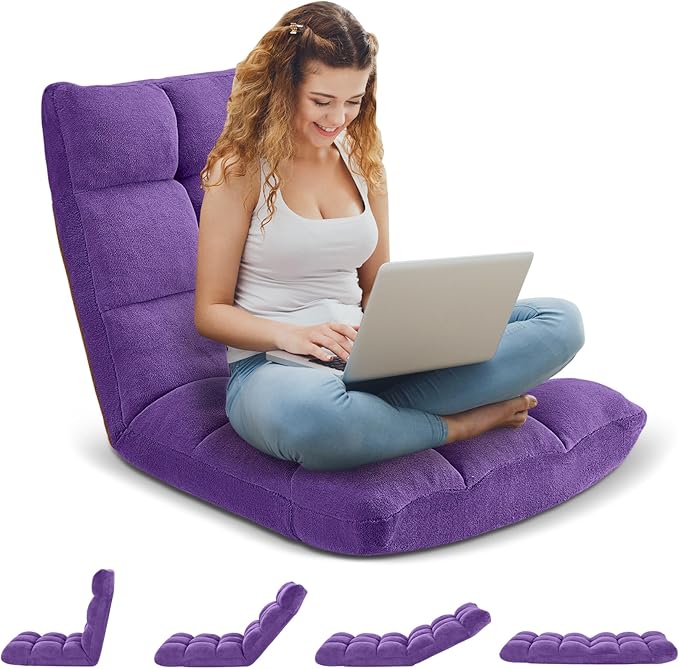 Folding Floor Gaming Chair Adjustable 14-Position Backrest 6-Inch Thick Flannel and Skin-Friendly Cotton Sponge Breathable Ideal for Gaming Meditating Sleeping Purple