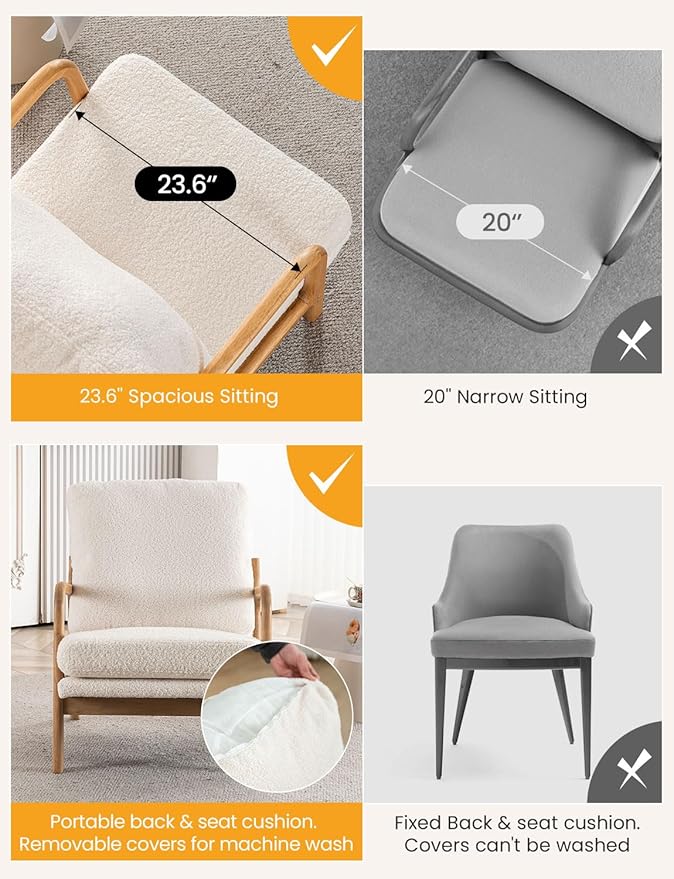 Mid Century Modern Accent Chairs for Living Room 23” Wide Comfy Chair for Bedroom Small Cozy Sherpa Reading Chairs for Adults 108° Lounge Arm Chair with Detachable Cover 5.5 Foam Cushion