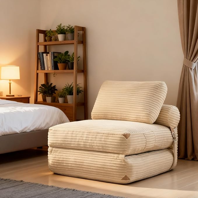 75''Foldable Sofa BedBeige Convertible Folding Sleeper Chair BedFoldable Single Sofa Foam Filling Couch with Pillow Comfy Corduroy Lazy Floor Sofa for Small Room Living Room Bedroom Apartment