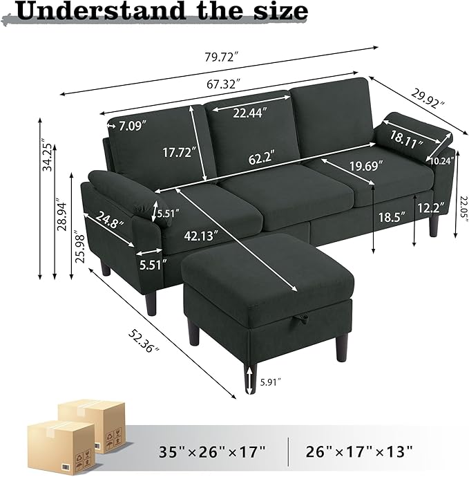 79 Convertible Sectional Sofa Modern Linen Small L Shaped Couch with Reversible Chaise and Storage Ottoman 3-Seat Sofa Couches for Living Room Office Apartment Black