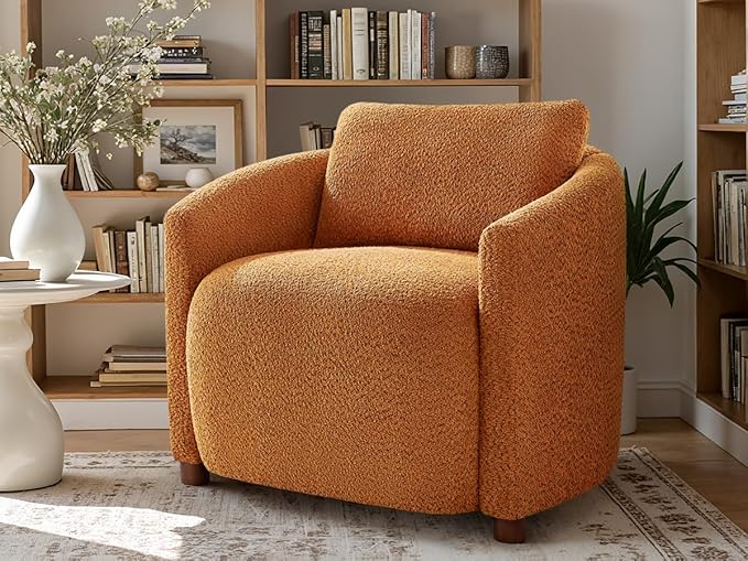 Boucle Accent Barrel Chair Cloud Reading Chair for Living Room &amp Bedroom Furry Sherpa Armchair with Cozy Soft Throw Pillow Back Comfy Upholstered Lounge Chair Modern Single Sofa Chair