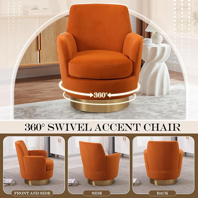 360° Swivel Barrel Chair Set of 2 28.3 Modern Velvet Round Accent Chair Comfy Upholstered Small Armchair with Gold Metal Base for Living Room Bedroom Nursery Office Sillas para Sala Orange