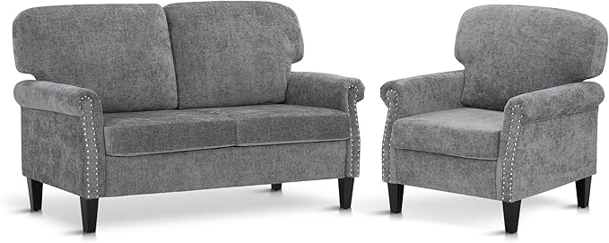 Sophia &amp William Living Room Furniture Sets with Armchair and Loveseat Sofa Linen Fabric Upholstered Sofa Set Grey
