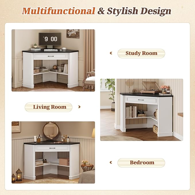 SEDETA 31.5 White Corner Desk Small Corner Desk for Small Space Farmhouse Triangle Computer Desk with Drawer and Storage for Home Office Living Room Bedroom Vanity Desk