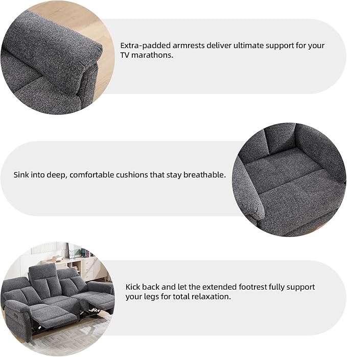 Manual Reclining Sofa 3 Seat Soft Fabric Recliner Couch for Adults with Overstuffed Arms and Back Sofa Recliner for Living Room (Dark Gray)