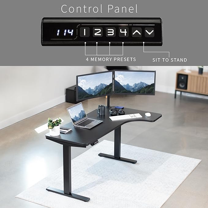 VIVO Electric Corner 58 x 35 in L-Shaped Standing Desk Memory Height Adjustment Holds 220 lbs Reversible Black Top Black Frame DESK-KIT-1BRB