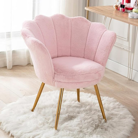 chairus Pink Makeup Vanity Chair with Back Modern Faux Fur Upholstered Small Accent Chair with Gold Metal Legs Cute Shell Shaped Vanity Stool Desk Chair for Living Room Bedroom Dressing Room