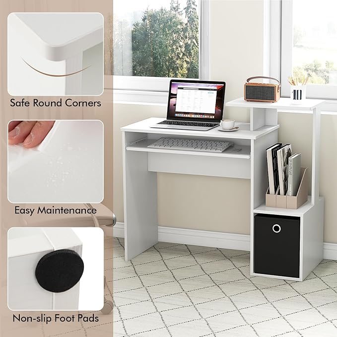 Giantex White Computer Desk with Drawers &amp Keyboard Tray Modern Home Office Desk with Storage Shelves &amp Printer Stand Laptop PC Table for Workstation Study Writing Desk for Small Spaces Be