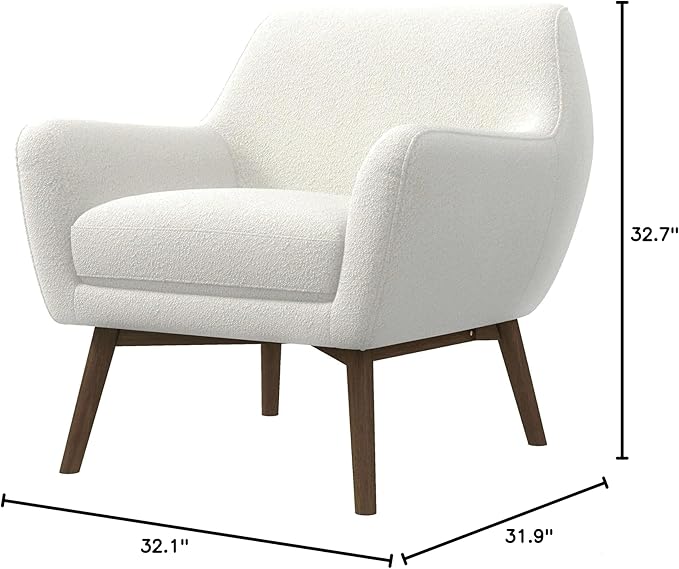 GDFStudio Mid-Century Modern Comfy Accent Chair Upholstered Boucle Lounge Vanity Chair with Rectangular Back and Solid Wood Legs Armchair Sofa Chair for Bedroom Living Room Makeup White &amp Brown