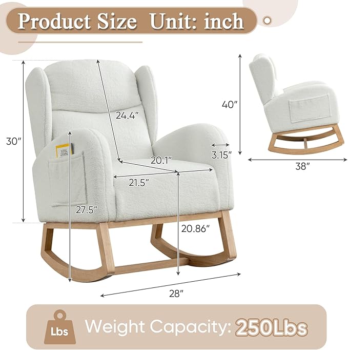 Rocking Glider Chair for Nursery Wingback Teddy Accent Rocker Chair Upholstered Tall Back Arm Chair w/Side Pockets Modern Leisure Single Sofa for Living Room Hotel Bedroom Baby Room Ivory