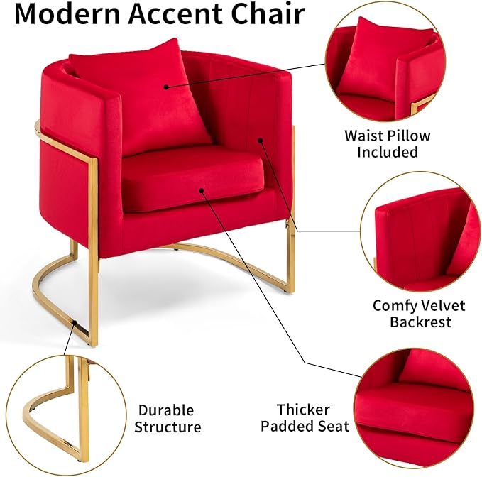 Velvet Modern Accent Chair Upholstered Barrel Armchair Mid Century with Pillow for Living Room Comfy Single Vanity Chair with Metal Gold Legs for Bedroom Rose Red