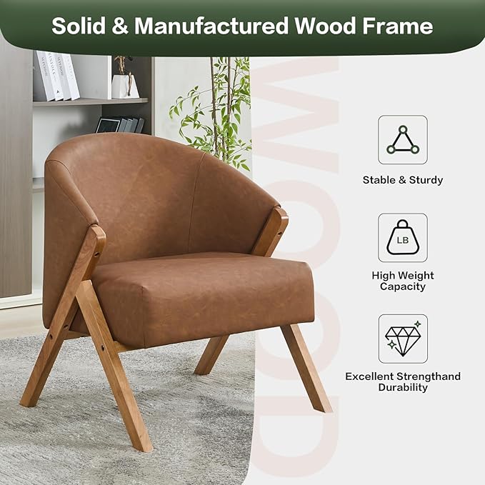 Mid Century Modern Accent Chair Comfy Upholstered Linen Fabric Armchair with Wood Frame for Living Room or Bedroom Brown