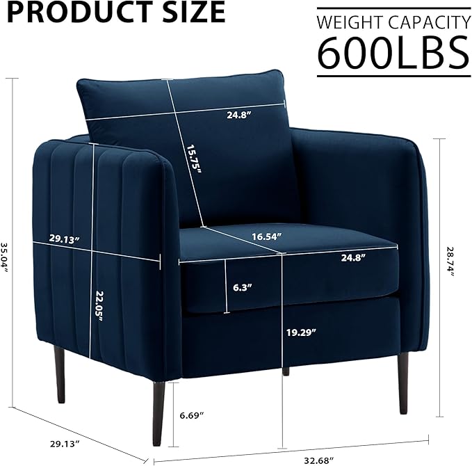 Velvet Accent Chair Comfy Upholstered Armchair Living Room Single Reading Chair with Metal Legs for Living Room Bedroom Office (Navy Chair)