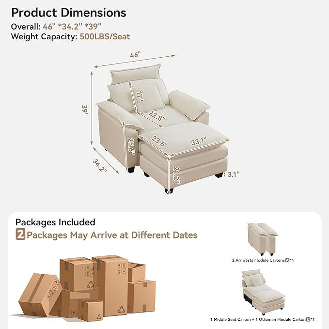 46''Cloud Oversized Sofa Chair with Detachable Headrest Upholstered Comfy Arm Accent Chair with OttomanModern Chenille Reading Lounge Armchair for Living RoomBedroom Beige