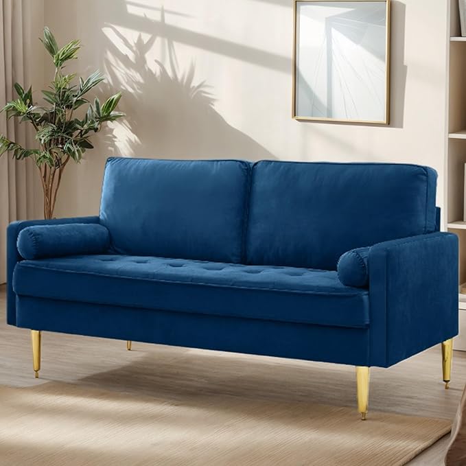 65 Inch Green Velvet Couch Small Loveseat Sofa &amp Office Sofa for Small Space Couch for Bedroom Livingroom 2 Pillows Gold Legs Tufted Seat (Navy)