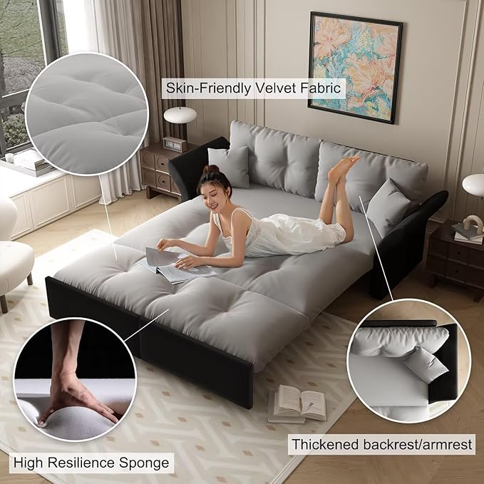 74.8-Inch Queen Size Pull-Out Sofa Bed 3-in-1 Convertible Velvet Loveseat Couch with Tufted Back &amp 2 Pillows Grey