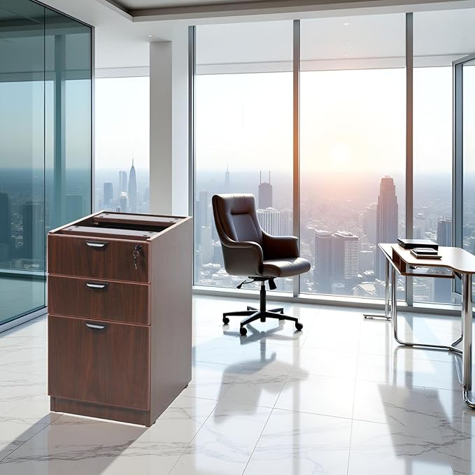 Mahogany Deluxe Full Pedestal Box File Configuration Thermal Fused Melamine Construction 3mm PVC Edge Banding Scratch Resistant Finish Full Extension Ball Bearing Slides Contemporary Design