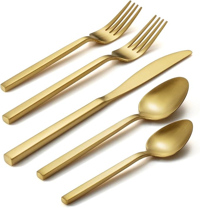 Alata Cube Matte Gold 40-Piece Flatware Set Forged Cutlery Set Service for 8 Stainless Steel Tableware with Square Handle for Home/Restaurant Dishwasher Safe