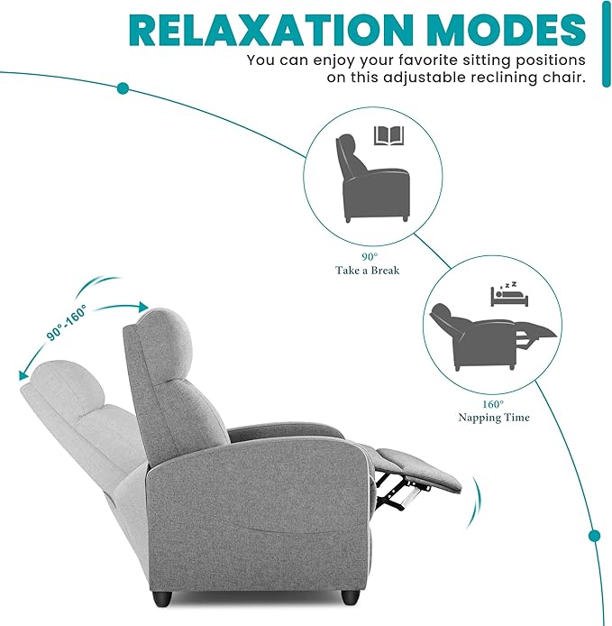 Sweetcrispy Recliner Chair Fabric Recliner Sofa No Massage Home Theater Seating with Lumbar Support Adjustable Push Back Overstuffed High-Density Sponge Reclining for Living Room Grey
