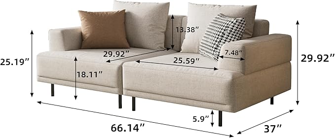 Cream Fabric Sectional Sofa – Contemporary Upholstered Couch with Metal Legs for Living Room (66.1inch-2Seats)