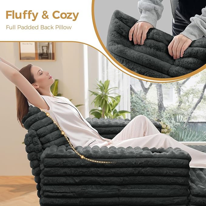 60 Chaise Lounge Indoor Upgraded Oversized Plush Faux Fur Sleeper Sofa Bed w/Pillows &amp Wide Armrests Fluffy Upholstered Reading Chairs Cloud Sofa Couches for Living Room Set of 2Dark Grey