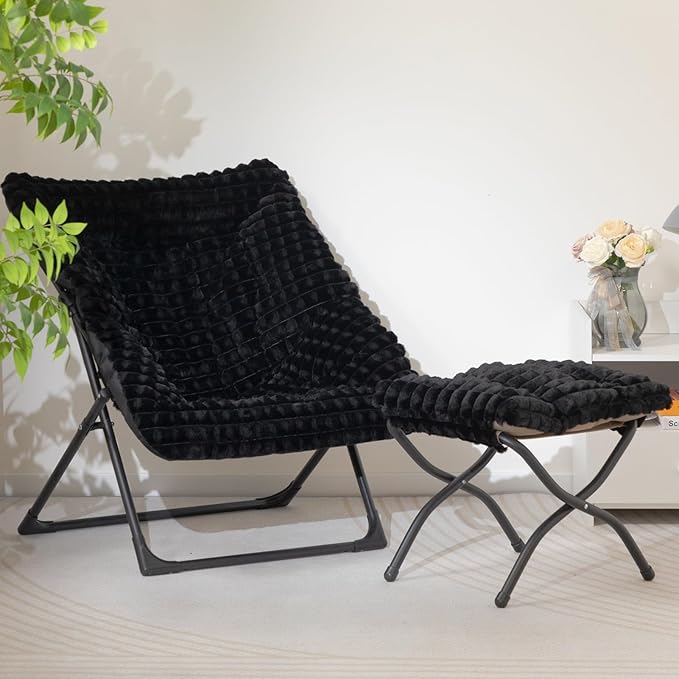 HollyHOME X-Large Saucer Chair with Foldable Ottoman Comfy Oversized Folding Chair and Folding Footrest Stool Set Faux-Fur Reading Chair and Footstool for Living Room Bedroom Black Chair&ampStool