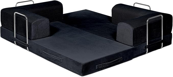 TUFT&ampFINCH 82 Folding Convertible Sofa Bed – 5 in 1 Modular Corduroy Boneless Couch for Living Room Pet-Friendly Cloud Couch Removable Washable Covers CertiPUR US Foam - Black