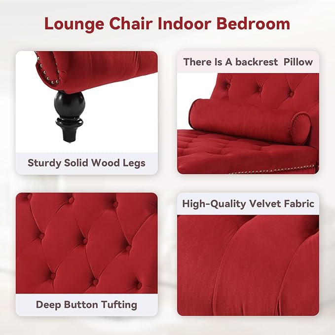 Velvet Chaise Lounge Chair Indoor Comfy Upholstered Chaise Lounge with Pillow and Solid Wood Legs Button Tufted Leisure Sofa Recliner for Living Room Bedroom Office Apartment (Red)