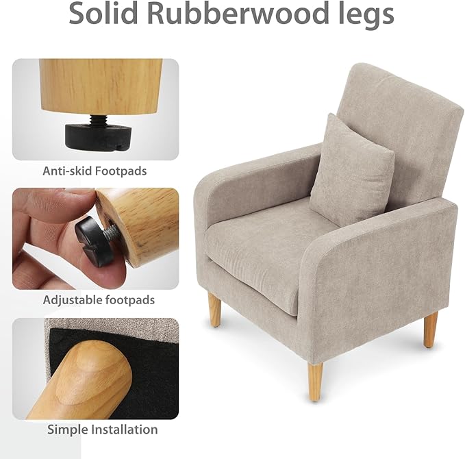 Upholstered Sofa Chair with Pillow Fabric Accent Armchair with Wooden Legs Comfy Lounge Chair for Living Room Bedroom or Office Supports up to 300 lbs (Beige)