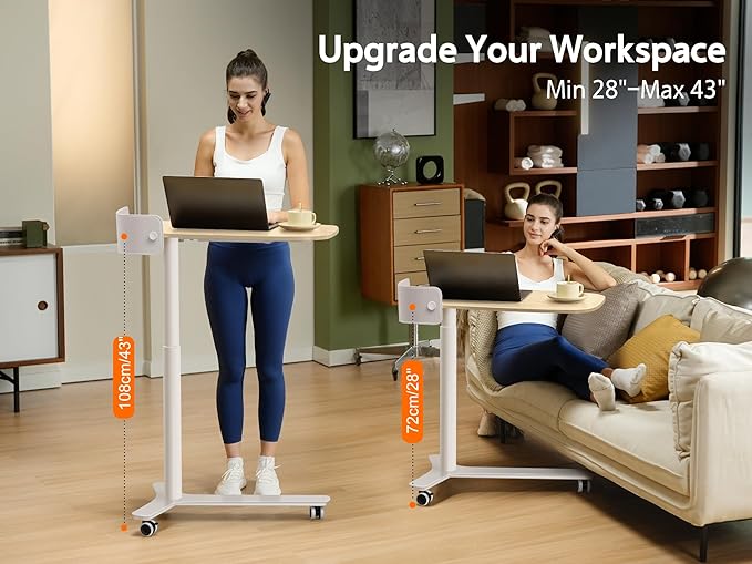 KINGSMITH Rolling Desk Adjustable Height with Drawer and Wheels Portable Small Standing Desk Pneumatic for Home Office Mobile Computer Laptop Desk Cart Medical Sofa Overbed Table Oak