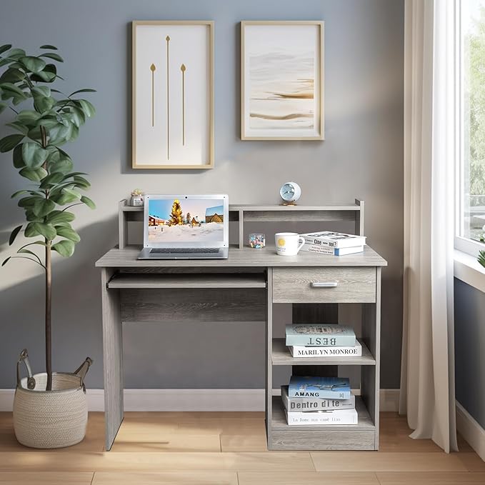 Karl home Computer Desk Study Writing Desk Wooden Home Office Workstation PC Laptop Table with Drawer Shelf Keyboard Tray Grey