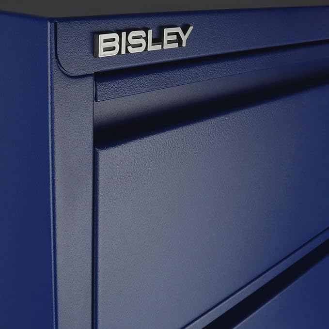 Bisley 3-Drawer Flush Front Vertical File Cabinet - Oxford Blue 2 Utility Drawers + 1 Hanging File Drawer Powder-Coated Steel Locking Bottom Drawer