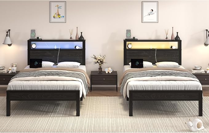 Twin Size Bed Frame with LED Lights and Charging Station Wood Storage Headboard with 2-Tier Shelves Heavy Duty Metal Slats No Box Spring Need Noise Free Easy Assembly Black