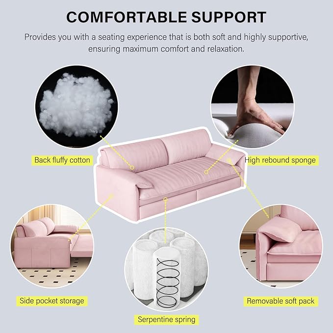 66 Convertible Queen Size Sleeper Sofa Couch Bed Pull Out Sleeper Sofabed for Living Room 3 in 1 Multi-Functional Oversized Cloud Futon Loveseat Recliner Lounge Chaise w/Side StorageSoft Armrest