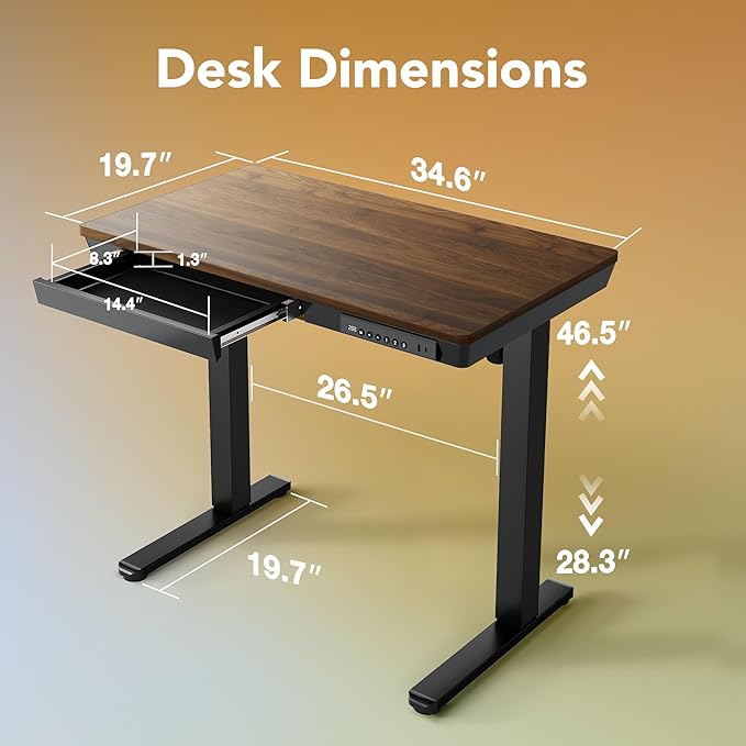 HUANUO Electric Standing Desk with Drawers 35 x 20 Inch Electric Adjustable Height Desk Quick Install One-Piece Tabletop with USB Charging Ports Sit to Stand Up Desk for Home Office Black Walnut
