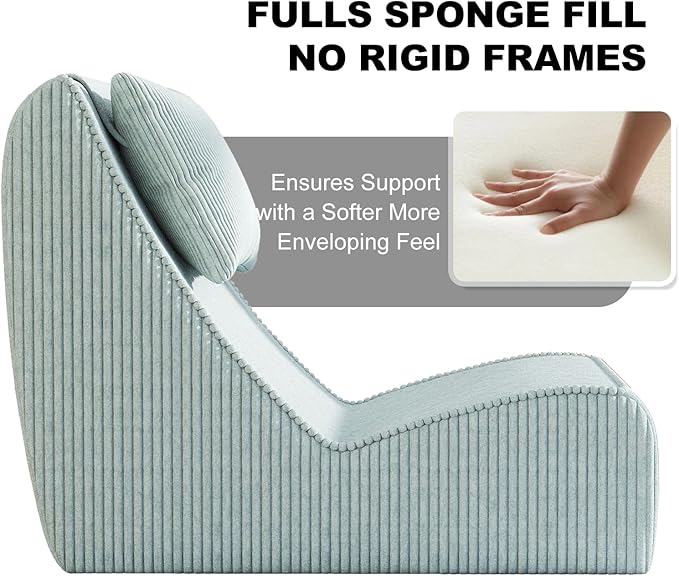 Giant Bean Bag Chair for AdultsCorduroy Chaise Lounge with Unrivaled Back Support Detachable Neck Pillow Comfortable Ottoman &amp Washable Cover for Living Room Bedroom Garden(Mint Green)
