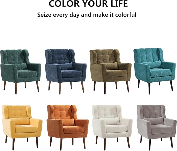 Modern Accent Chair Chenille Fabric Upholstered Tufted Side Wingback ChairMid Century Reading Chair Armchair with Waist Pillow Backrest for Living Room Bedroom (Teal)