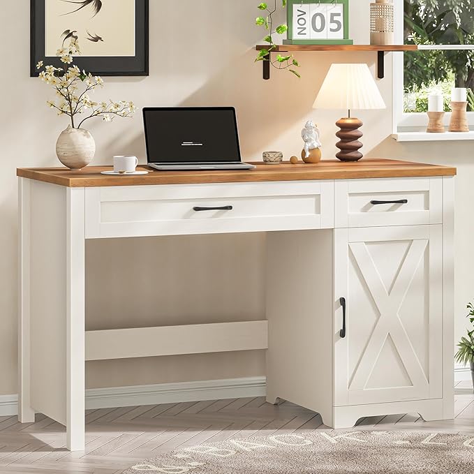 Vabches Farmhouse 47 Executive DeskComputer Desk with Drawers and Storage Cabinet Home Office Desk for Work and Study.