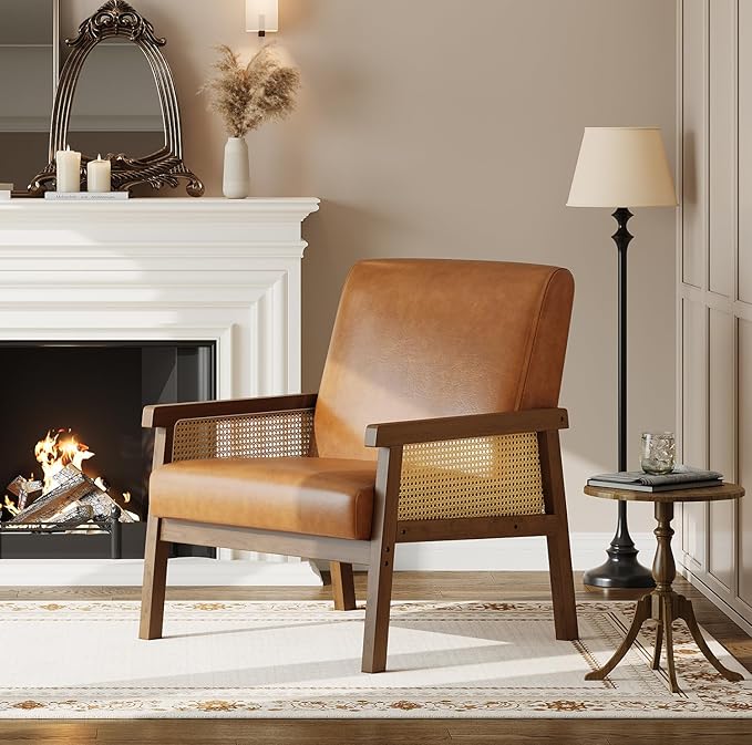 GAOMON PU Leather Accent Chair Rattan Armchair with Wooden Armrest and Legs Modern Lounge Chair for Living Room/Bedroom/Reading Room/Waiting Room Brown