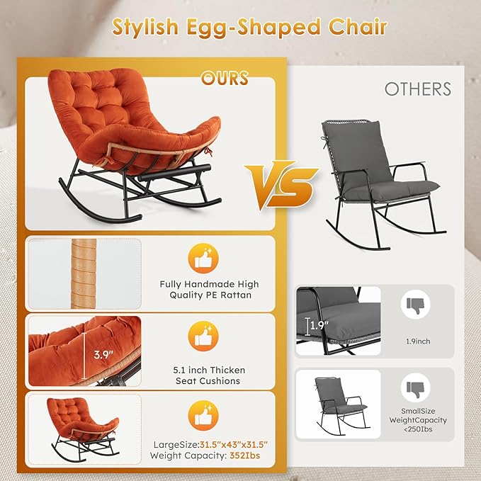 GarveeHome Indoor Papasan Rocking Chair Rattan Rocker with Extendable Footrest &amp Detachable Flannel Cushion 352lbs Sturdy Large Reading Lounge for Indoor Bedroom Living Room Orange