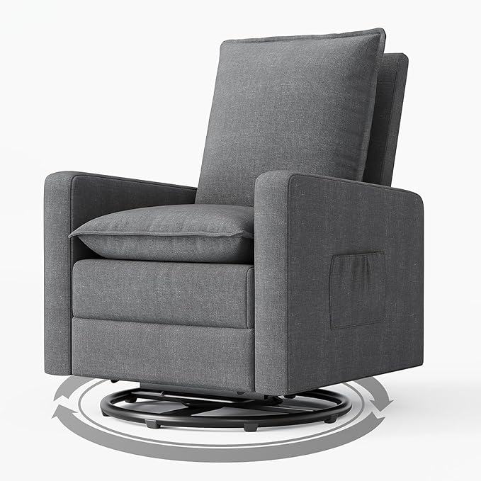 Rocker Recliner 360 Swivel Recliner Chair for Adults Fabric Chair with High Back Adjustable Push Back Overstuffed High-Density Sponge Reclining for Living Room Home Theater Nursery Bedroom