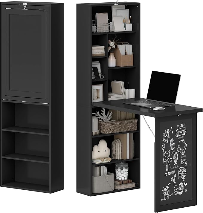 Murphy Desk with Storage Shelves Fold Out Hidden Computer Executive Desk Foldable Pull Out Writing Home Office Table with Blackboard for Bedroom Small Spaces (Black)