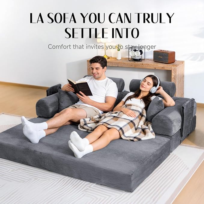 79 Corduroy Sofa Bed Sleeper Couch 6-in-1 Convertible Boneless Floor Futon Loveseat High-Density Foam Couch in a Box with 2 Headrest Pillows No Assembly Dark Grey