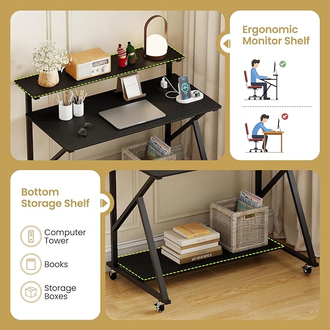 Tangkula 39.5 Mobile Computer Desk with Power Outlets Rolling Laptop Workstation with Monitor Stand &amp Storage Shelf Gaming Writing Desk with Lockable Wheels for Home Office Bedroom (Black)