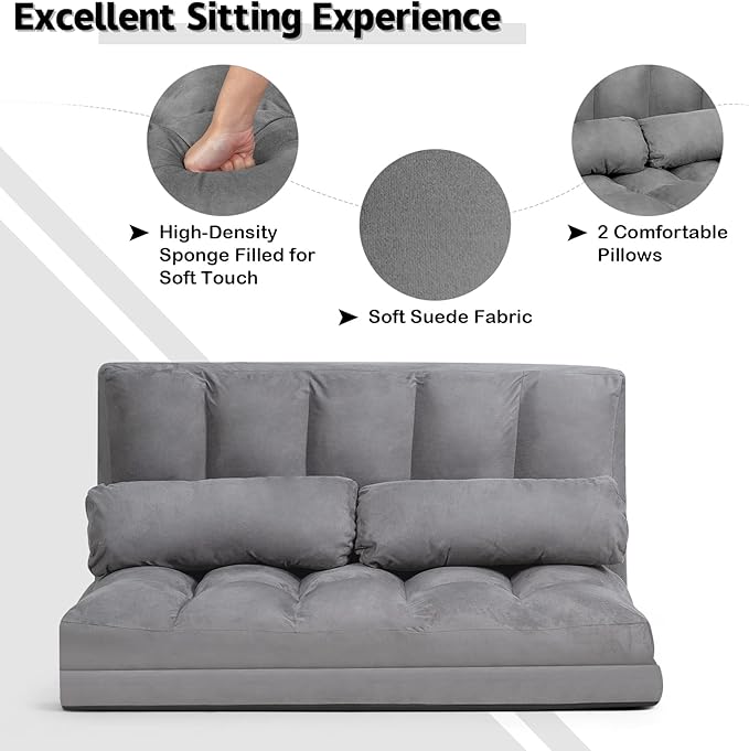 KOMFOTT Adjustable Floor Sofa Bed Foldable Lazy Sofa Sleeper with 6 Position Backrest &amp 2 Pillows Convertible Futon Couch with Suede Cloth Cover Lounge Recliner for Living Room