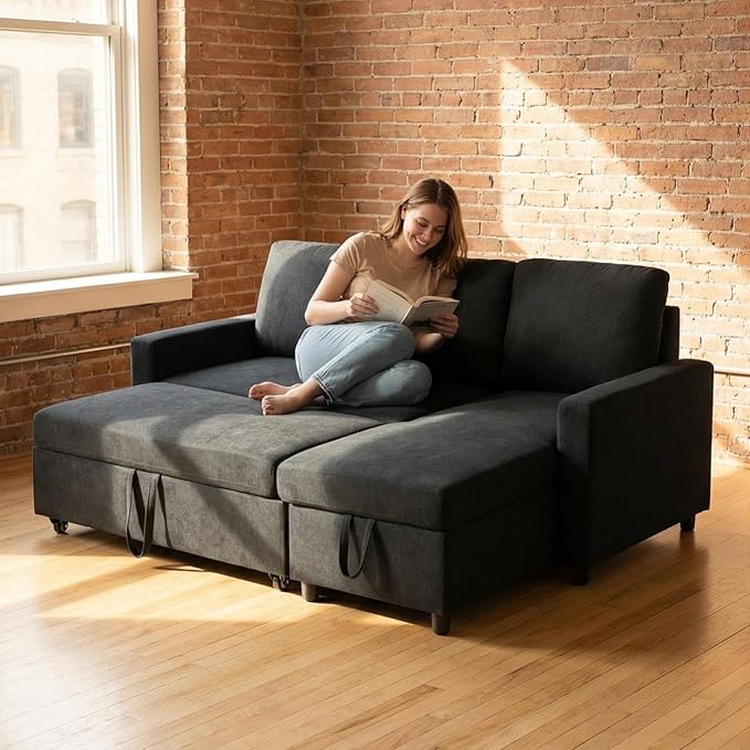 Queen Sleeper Sofa 83 Inch Convertible Sofa Bed with Storage Modular Sectional Couch with Pull Out Bed L Shaped 3 Seat Sectional Sleeper Sofa for Living Room Apartment Black