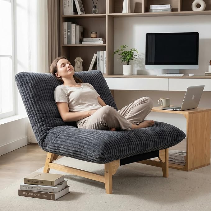 Comfy Lounge Chair Cozy Striped Corduroy Accent Seating with Solid Rubber Wood Frame Soft Plush Cloud Comfort for Living Room Bedroom &amp Reading CornerGray