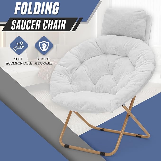 Round Comfy Saucer Chair with Headrest Large Cozy Metal Frame Cozy Lounge Lazy Chair Folding Faux Fur Saucer Chair for Adults Foldable Papasan Moon Chair